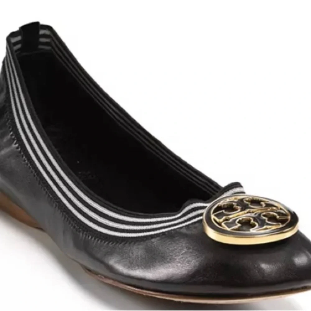 Tory Burch S 6 M CAROLINE Stripe Mestico Elastic Stripe BLACK Ballet Flat Shoe